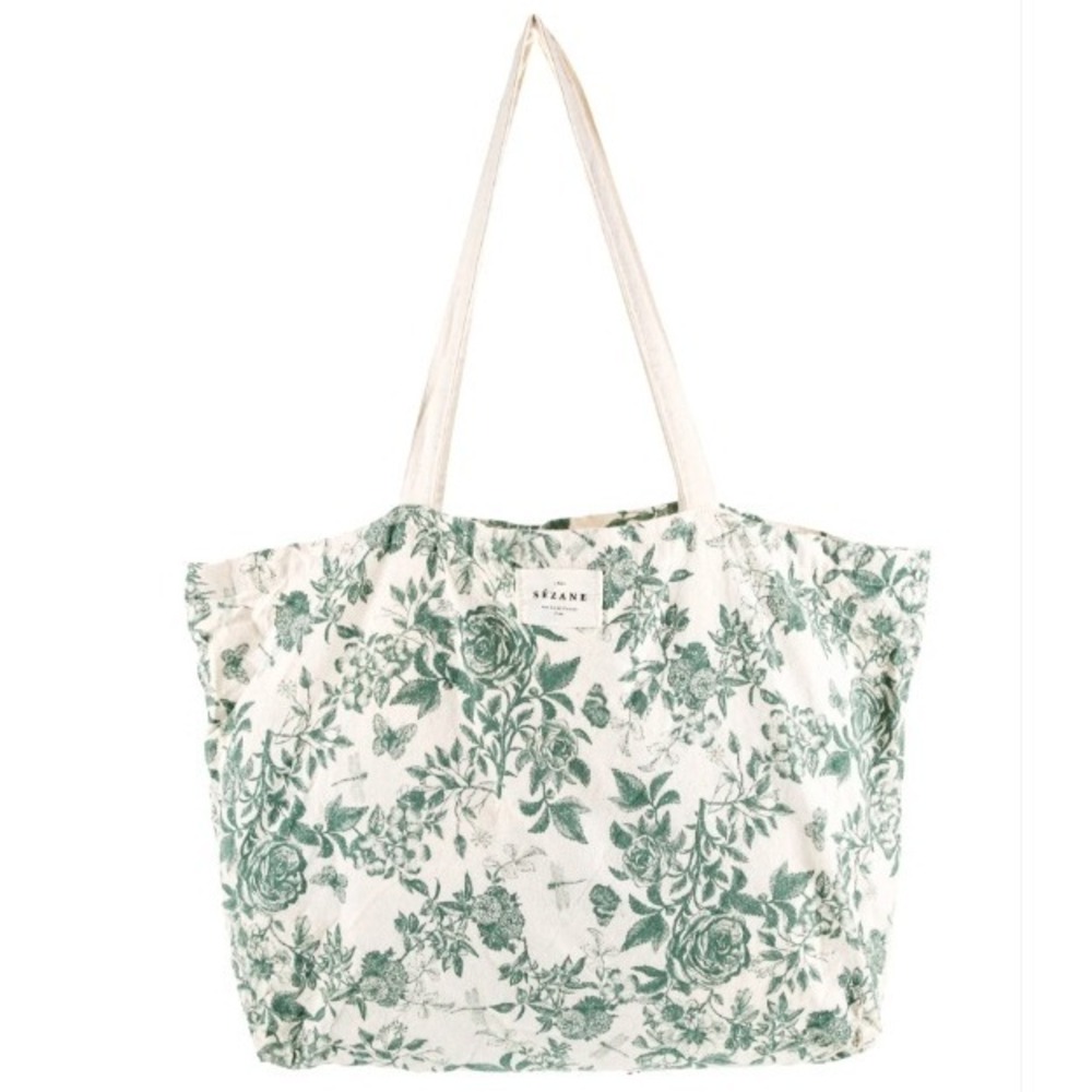 Sezane Women's Green White Floral Print Canvas Tote Bag Reusable Shopping Chic - Picture 2 of 7